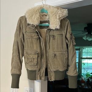 Vintage Y2K 2000’s Jlo J Lo corduroy faux fur shearling hood jacket coat hoodie